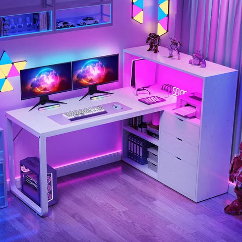 55" L-Shaped Desk with Drawers, LED Lights & Power Outlet