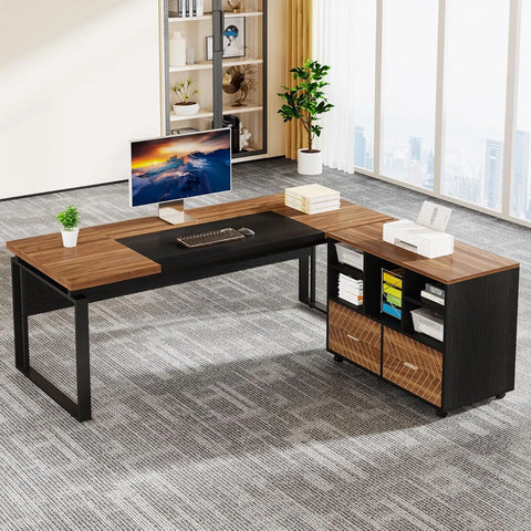 63" L-Shaped Executive Desk with Reversible File Cabinet