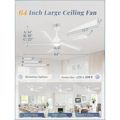 64" Smart Ceiling Fan with Lights and Remote – DC Motor, Dimmable