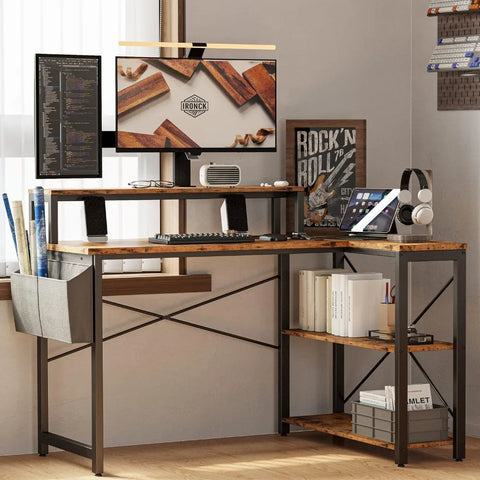 47" L-Shaped Office Desk with Charging Station & Storage Rack